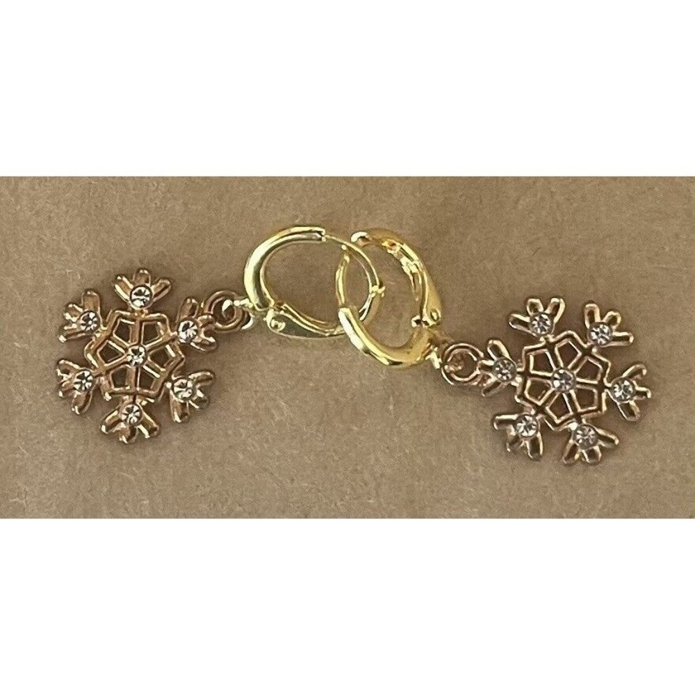 Snowflake Dangle Earrings Gold Tone Rhinestone Holiday Winter Christmas